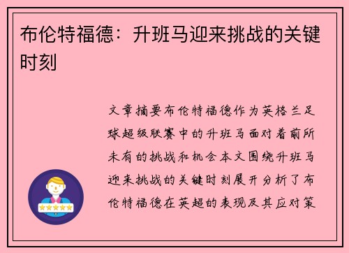 布伦特福德：升班马迎来挑战的关键时刻